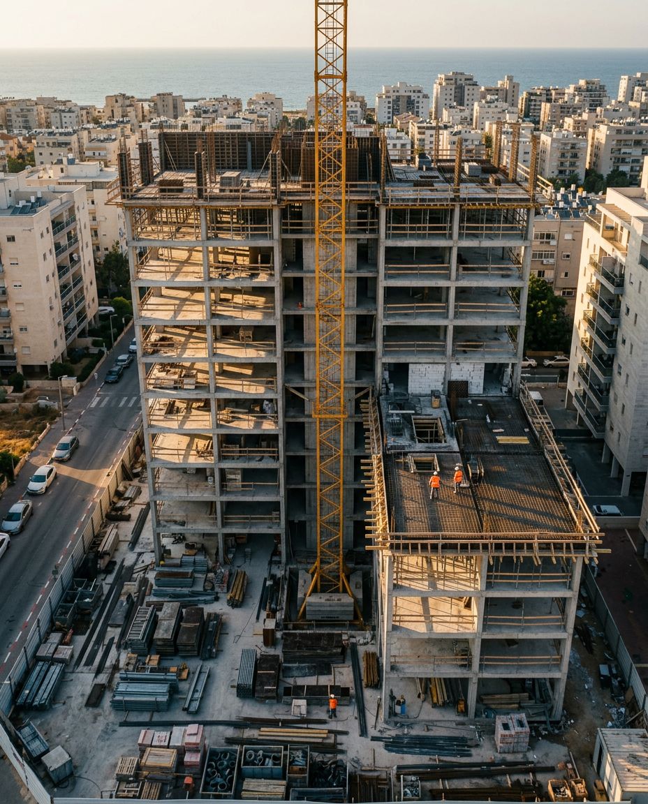 בניין בבנייה עם עגורן צריח, במבט ישר מלמעלה